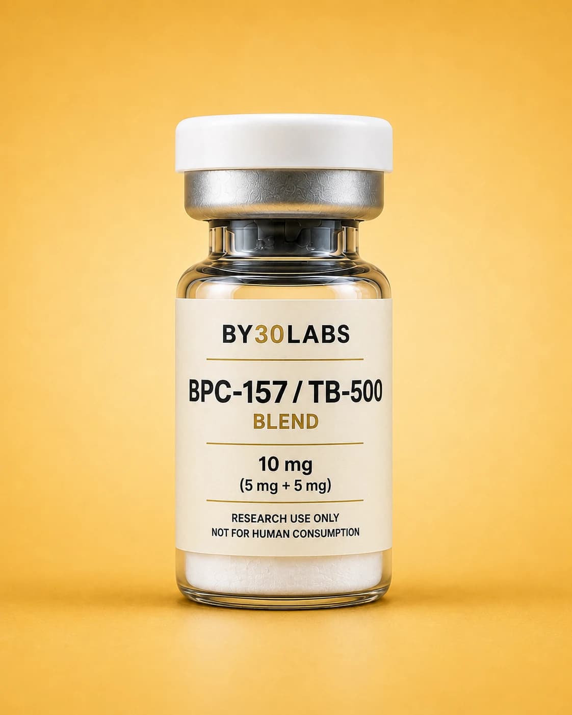 BPC-157/TB-500 Blend 10 mg (5 mg + 5 mg). Clear research vial with a white cap and lyophilized white powder on a warm golden background