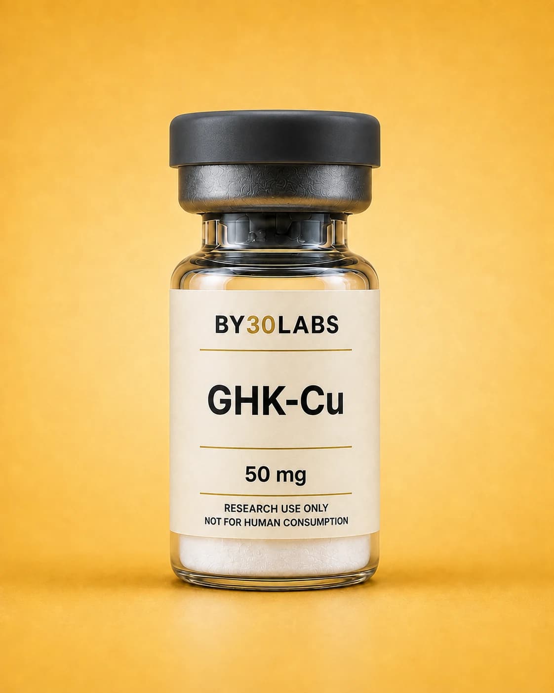 GHK-Cu 50 mg. Clear research vial with a charcoal cap and lyophilized white powder on a warm golden background